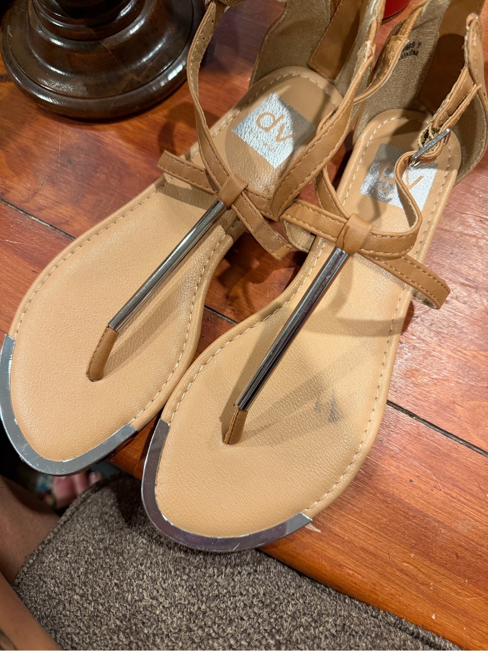 Dolce Vita Tan T-Strap Sandals with Silver Accents